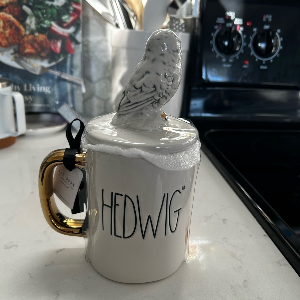 Rae Dunn White Ceramic 'HEDWIG' Mug with Gold Handle and Bird Lid